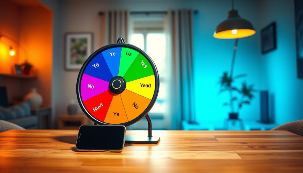 A vibrant, colorful "yes picker wheel" displayed prominently in the foreground, featuring alternating segments of deep blue, bright green, sunny yellow, and rich red, each labeled with "Yes" or "No" in playful fonts. The wheel is spinning slightly, creating a sense of motion. In the middle ground, a sleek wooden table supports the wheel, with a modern smartphone nearby illustrating the customization options. The background is softly blurred to emphasize the wheel, with a cozy, well-lit room ambiance featuring warm, natural light streaming through a window. The atmosphere is inviting and playful, suggesting a friendly decision-making tool. The angle is slightly elevated to capture the wheel's dynamic colors and details while ensuring a clean and professional look. A vibrant, colorful "yes picker wheel" displayed prominently in the foreground, featuring alternating segments of deep blue, bright green, sunny yellow, and rich red, each labeled with "Yes" or "No" in playful fonts. The wheel is spinning slightly, creating a sense of motion. In the middle ground, a sleek wooden table supports the wheel, with a modern smartphone nearby illustrating the customization options. The background is softly blurred to emphasize the wheel, with a cozy, well-lit room ambiance featuring warm, natural light streaming through a window. The atmosphere is inviting and playful, suggesting a friendly decision-making tool. The angle is slightly elevated to capture the wheel's dynamic colors and details while ensuring a clean and professional look.