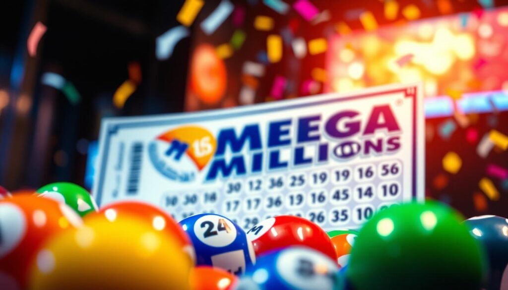 A vibrant, detailed overview of the Mega Millions lottery. In the foreground, display colorful lottery balls, each representing a different number, arranged artistically. The middle ground features a large lottery ticket design, partially unfurled, showcasing its numbers and a shiny "Mega Millions" logo. The background should depict a softly lit, abstract representation of a winning moment — perhaps a blurred image of confetti falling and celebratory colors swirling to convey excitement. The scene should be illuminated with warm, inviting light, capturing a joyful and hopeful atmosphere, emphasizing the thrill of engaging with the lottery. The image should have a professional and polished look, conveying a sense of anticipation and fun surrounding the Mega Millions lottery experience.