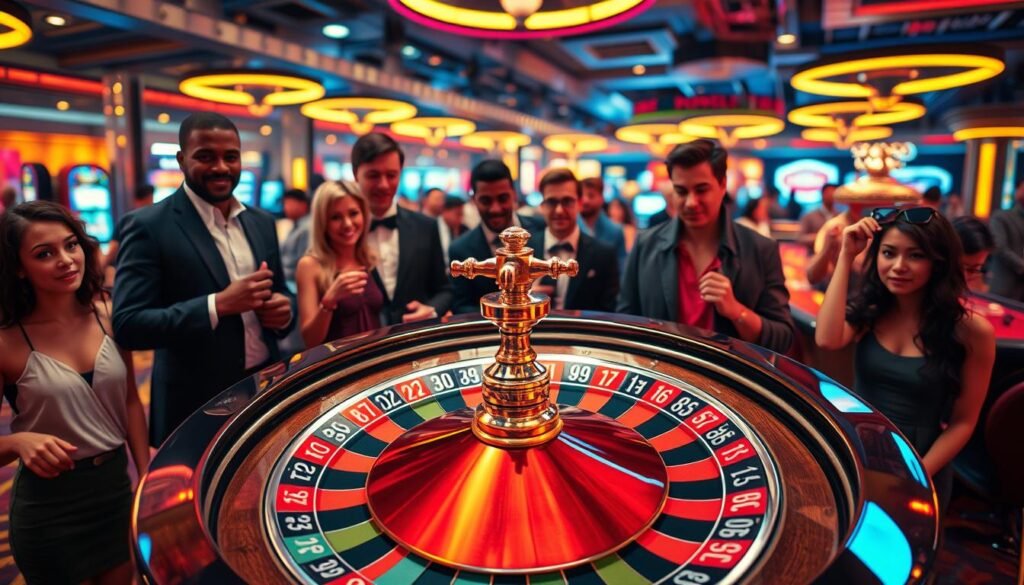 A vibrant, engaging scene depicting a roulette wheel surrounded by colorful numbers showcasing various lucky number stories. In the foreground, feature an elegantly designed roulette wheel with meticulously painted sections and prominently displayed numbers. Each number is artistically illustrated with a relevant fun fact, merging symbolism with storytelling. The middle ground includes a soft glow of casino lights, enhancing the atmosphere, while players of diverse backgrounds, dressed in smart casual attire, eagerly observe the wheel with expressions of excitement. In the background, blurred silhouettes of a bustling casino floor add depth, with warm lighting creating a lively ambiance. The overall mood is cheerful and inviting, emphasizing the thrill of lucky numbers in roulette. A vibrant, engaging scene depicting a roulette wheel surrounded by colorful numbers showcasing various lucky number stories. In the foreground, feature an elegantly designed roulette wheel with meticulously painted sections and prominently displayed numbers. Each number is artistically illustrated with a relevant fun fact, merging symbolism with storytelling. The middle ground includes a soft glow of casino lights, enhancing the atmosphere, while players of diverse backgrounds, dressed in smart casual attire, eagerly observe the wheel with expressions of excitement. In the background, blurred silhouettes of a bustling casino floor add depth, with warm lighting creating a lively ambiance. The overall mood is cheerful and inviting, emphasizing the thrill of lucky numbers in roulette.