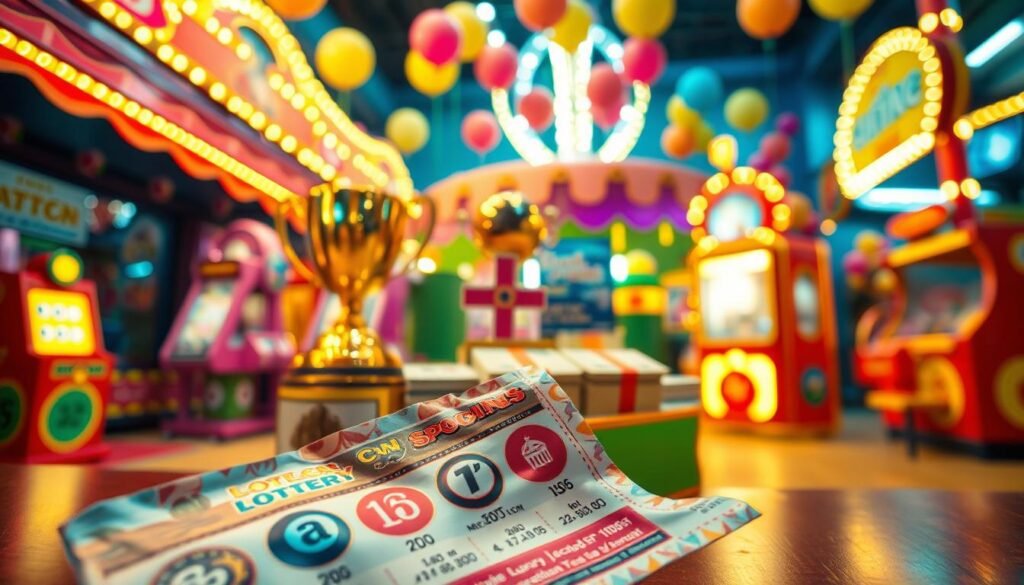 A vibrant, engaging scene that showcases a variety of lottery games and their exciting prizes. In the foreground, a colorful lottery ticket with eye-catching graphics and symbols, slightly crumpled but enticing. The middle layer features an assortment of prizes: a sparkling trophy, stacks of cash, and a luxury vacation package, all arranged enticingly. The background is decorated with a cheerful carnival atmosphere, filled with balloons, lights, and playful game booths, suggesting a festive mood. Use warm, inviting lighting that enhances the excitement, with a slightly blurred depth of field to emphasize the foreground details. The overall atmosphere should be exhilarating and hopeful, capturing the thrill of winning in the world of lotteries. A vibrant, engaging scene that showcases a variety of lottery games and their exciting prizes. In the foreground, a colorful lottery ticket with eye-catching graphics and symbols, slightly crumpled but enticing. The middle layer features an assortment of prizes: a sparkling trophy, stacks of cash, and a luxury vacation package, all arranged enticingly. The background is decorated with a cheerful carnival atmosphere, filled with balloons, lights, and playful game booths, suggesting a festive mood. Use warm, inviting lighting that enhances the excitement, with a slightly blurred depth of field to emphasize the foreground details. The overall atmosphere should be exhilarating and hopeful, capturing the thrill of winning in the world of lotteries.