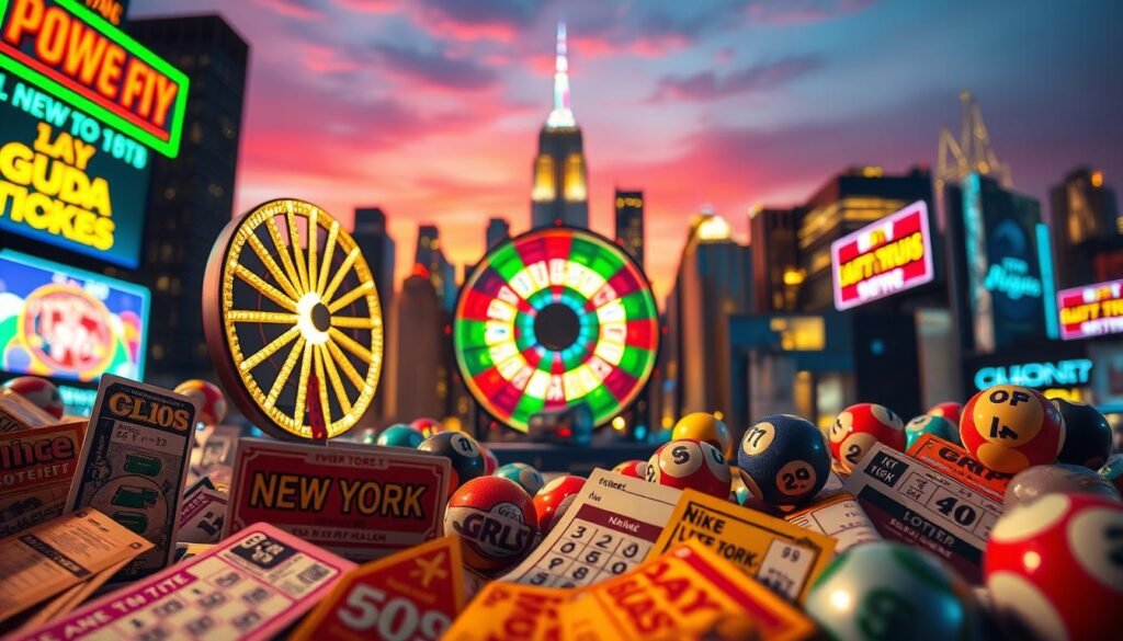 A vibrant overview of popular New York lottery games, featuring a dynamic composition that highlights various ticket designs artistically arranged in the foreground. In the middle ground, depict elements like a glittering lottery wheel and colorful balls representing different lottery draws, creating a sense of excitement and anticipation. In the background, include an iconic NYC skyline subtly illuminated by a soft twilight glow, casting a warm atmosphere over the scene. Use a slightly elevated angle to capture depth, enhancing the drama of the vivid colors and textures present in the lottery tickets and game symbols. The overall mood should be lively and engaging, inviting viewers into the world of lotteries with a sense of opportunity and fun. A vibrant overview of popular New York lottery games, featuring a dynamic composition that highlights various ticket designs artistically arranged in the foreground. In the middle ground, depict elements like a glittering lottery wheel and colorful balls representing different lottery draws, creating a sense of excitement and anticipation. In the background, include an iconic NYC skyline subtly illuminated by a soft twilight glow, casting a warm atmosphere over the scene. Use a slightly elevated angle to capture depth, enhancing the drama of the vivid colors and textures present in the lottery tickets and game symbols. The overall mood should be lively and engaging, inviting viewers into the world of lotteries with a sense of opportunity and fun.