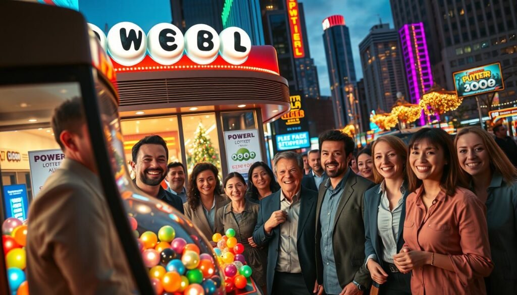 A vibrant scene capturing the excitement of a Powerball lottery draw, featuring a diverse group of jubilant adults dressed in professional attire and modest casual clothing. In the foreground, individuals with expressions of anticipation and joy are gathered around a glowing lottery machine, filled with colorful, shimmering balls. The middle ground showcases an inviting, modern lottery storefront adorned with bright lights and posters of Powerball, enhancing the overall atmosphere. The background reveals a festive cityscape at dusk, illuminated by warm, golden lighting, creating a lively ambiance. A wide-angle lens perspective emphasizes the energy of the moment, suggesting a sense of community and hope as participants celebrate their dreams of winning.