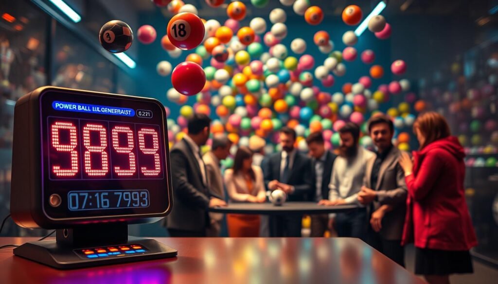 A vibrant scene showcasing a Powerball number generator, emphasizing the excitement of choosing lucky numbers. In the foreground, a sleek, modern digital number generator displays brightly colored numbers bouncing in the air, symbolizing chance and luck. In the middle ground, a diverse group of individuals—dressed in professional business attire and modest casual clothing—gather around a table, eagerly discussing their number picks. They exude an air of camaraderie and anticipation. The background features a blurred array of lottery balls in various colors, creating a dynamic sense of motion and excitement. The lighting is warm and inviting, casting soft shadows that enhance the mood of hopeful optimism, captured from a slightly elevated angle to provide depth. A vibrant scene showcasing a Powerball number generator, emphasizing the excitement of choosing lucky numbers. In the foreground, a sleek, modern digital number generator displays brightly colored numbers bouncing in the air, symbolizing chance and luck. In the middle ground, a diverse group of individuals—dressed in professional business attire and modest casual clothing—gather around a table, eagerly discussing their number picks. They exude an air of camaraderie and anticipation. The background features a blurred array of lottery balls in various colors, creating a dynamic sense of motion and excitement. The lighting is warm and inviting, casting soft shadows that enhance the mood of hopeful optimism, captured from a slightly elevated angle to provide depth.