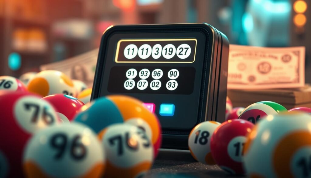 A visually captivating illustration of a "Lucky Powerball Number Generator" featuring a sleek, modern device with bright buttons and a digital screen displaying random numbers. In the foreground, vibrant, oversized lottery balls are arranged artfully, each showcasing different colors and textures. The middle ground includes the generator with a soft glow emanating from its screen, highlighting the numbers being generated. In the background, a blurred image of a lottery ticket and cash subtly conveys the excitement of winning. The lighting is warm and inviting, suggesting a positive and hopeful atmosphere. The angle is slightly elevated, providing depth to the composition, while maintaining a clean, professional feel suitable for an informative article. No text or logos are present in the image. A visually captivating illustration of a "Lucky Powerball Number Generator" featuring a sleek, modern device with bright buttons and a digital screen displaying random numbers. In the foreground, vibrant, oversized lottery balls are arranged artfully, each showcasing different colors and textures. The middle ground includes the generator with a soft glow emanating from its screen, highlighting the numbers being generated. In the background, a blurred image of a lottery ticket and cash subtly conveys the excitement of winning. The lighting is warm and inviting, suggesting a positive and hopeful atmosphere. The angle is slightly elevated, providing depth to the composition, while maintaining a clean, professional feel suitable for an informative article. No text or logos are present in the image.
