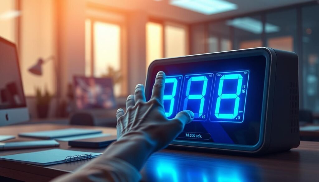 A visually captivating illustration of a random 4 digit number generator, positioned prominently in the foreground. The generator features a sleek, digital display showcasing an animated series of changing numbers, glowing softly in vibrant blue and green hues. In the middle ground, a hand reaches toward the generator, selecting a number with a sense of anticipation. The background is softly blurred, depicting a modern office environment with subtle hints of technology, such as a computer and notes scattered about, to create a professional ambiance. Soft, natural lighting filters through, casting a warm glow and enhancing the mood of curiosity and innovation. The overall atmosphere conveys a sense of excitement about discovering lucky numbers and their potential significance.
