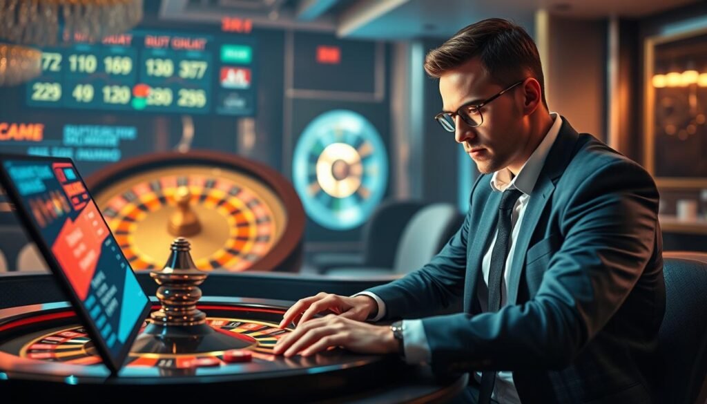 A visually captivating illustration of a roulette number generator in action, featuring a sleek digital interface displaying vibrant numbers and colors. In the foreground, a focused and professional-looking person, dressed in business attire, sits at a stylish gaming table, swirling their fingers over the screen with an expression of determination. The middle ground shows a glowing roulette wheel, spinning dynamically, with numbers and chips scattered artfully around it. In the background, soft ambient lighting serves to create a sophisticated and inviting casino atmosphere, with hints of soft focus on elegant decor. The image should evoke excitement and strategy, encapsulating the essence of enhancing gameplay while using the generator. A visually captivating illustration of a roulette number generator in action, featuring a sleek digital interface displaying vibrant numbers and colors. In the foreground, a focused and professional-looking person, dressed in business attire, sits at a stylish gaming table, swirling their fingers over the screen with an expression of determination. The middle ground shows a glowing roulette wheel, spinning dynamically, with numbers and chips scattered artfully around it. In the background, soft ambient lighting serves to create a sophisticated and inviting casino atmosphere, with hints of soft focus on elegant decor. The image should evoke excitement and strategy, encapsulating the essence of enhancing gameplay while using the generator.