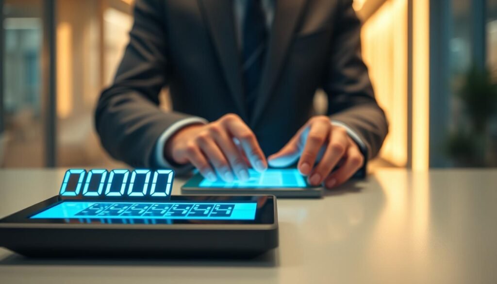 A visually captivating random 4 digit number generator setup, showcasing a sleek, modern interface. In the foreground, a digital display screen shows an animated sequence of random numbers fluctuating between 0000 and 9999, with a soft blue glow emanating from the screen. In the middle ground, a user gently interacts with a minimalist touch input panel, highlighting the hands in business casual attire. The background features a subtly blurred office environment filled with soft, warm lighting. The overall mood is focused and innovative, conveying a sense of technology and chance, while maintaining a professional atmosphere. Use a shallow depth of field to emphasize the generator and create a smooth bokeh effect in the background.