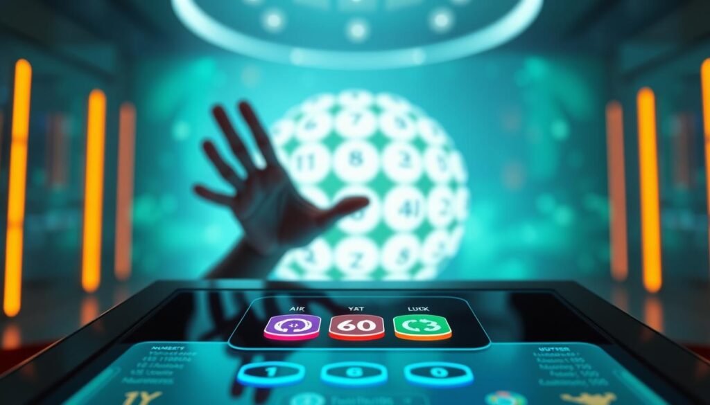 A visually engaging "Lucky for Life Number Generator" scene, showcasing a sleek, modern digital interface displaying randomly generated numbers. In the foreground, the number generator glows with vibrant colors, featuring an intuitive touchscreen with buttons symbolizing luck and chance, like a four-leaf clover and a lucky horseshoe. The middle ground includes a blurred hand poised over the screen, representing users interacting with the generator. The background features a softly illuminated, abstract representation of a lottery ball drum, set in a calming blue and green color palette to evoke a sense of trust and excitement. Bright, diffused lighting enhances the overall atmosphere, creating a hopeful and uplifting mood, ideal for quick picks of lottery numbers.