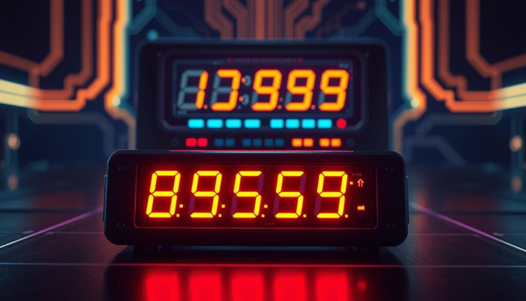A visually engaging and informative illustration of a random 4-digit number generator. In the foreground, a sleek digital display shows a series of changing numbers, glowing in vibrant colors against a dark background. The middle layer features a high-tech device or computer interface indicative of a number generator, complete with buttons and LED lights. In the background, soft, ambient lighting creates a modern, high-tech atmosphere, with a blurred outline of circuits and data streams to suggest digital technology. The overall mood is one of excitement and curiosity, inviting viewers to explore the concept of random number generation. Focus on clarity and visual appeal, with a sharp, professional finish.