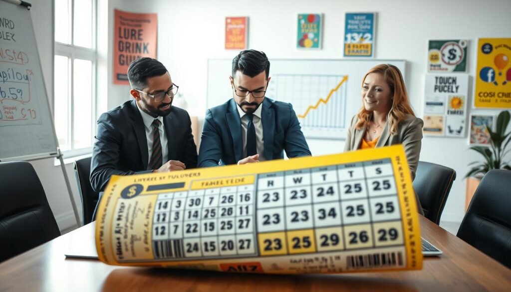 A visually engaging and informative scene illustrating tips to boost lottery odds. In the foreground, a diverse group of three professionals dressed in smart business attire are gathered around a table, analyzing lottery statistics and discussing strategies with enthusiasm. The middle ground features a large lottery ticket with highlighted winning numbers and a calendar with marked dates for upcoming draws. The background includes a bright, modern office space with a whiteboard displaying brainstorming ideas, a financial graph showing upward trends, and vibrant motivational posters. Soft, natural lighting filters through a window, creating a positive and inspirational atmosphere. The image should evoke feelings of excitement and optimism about improving lottery chances, without any text elements or distractions. A visually engaging and informative scene illustrating tips to boost lottery odds. In the foreground, a diverse group of three professionals dressed in smart business attire are gathered around a table, analyzing lottery statistics and discussing strategies with enthusiasm. The middle ground features a large lottery ticket with highlighted winning numbers and a calendar with marked dates for upcoming draws. The background includes a bright, modern office space with a whiteboard displaying brainstorming ideas, a financial graph showing upward trends, and vibrant motivational posters. Soft, natural lighting filters through a window, creating a positive and inspirational atmosphere. The image should evoke feelings of excitement and optimism about improving lottery chances, without any text elements or distractions.