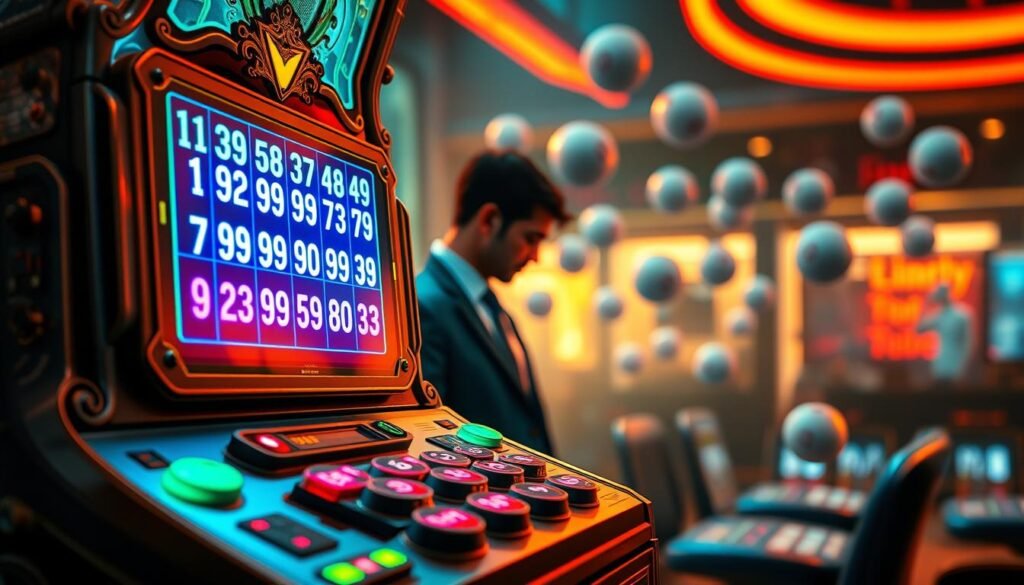 A visually engaging and sleek illustration of a "Lucky Number Generator for Lottery." In the foreground, display an ornate, high-tech lottery machine with glowing buttons and a transparent screen showcasing randomly generated numbers in vibrant colors. The middle layer features a blurred effect of a person in professional attire, focused on the machine, emphasizing concentration and excitement. In the background, include an abstract representation of lottery balls gracefully floating, with a soft glow illuminating the scene, creating a sense of luck and possibility. Capture the atmosphere with warm, inviting lighting, simulating a modern gaming environment; use a wide-angle lens to enhance depth. The overall mood should convey anticipation and hope, inviting viewers into the world of luck and chance. A visually engaging and sleek illustration of a "Lucky Number Generator for Lottery." In the foreground, display an ornate, high-tech lottery machine with glowing buttons and a transparent screen showcasing randomly generated numbers in vibrant colors. The middle layer features a blurred effect of a person in professional attire, focused on the machine, emphasizing concentration and excitement. In the background, include an abstract representation of lottery balls gracefully floating, with a soft glow illuminating the scene, creating a sense of luck and possibility. Capture the atmosphere with warm, inviting lighting, simulating a modern gaming environment; use a wide-angle lens to enhance depth. The overall mood should convey anticipation and hope, inviting viewers into the world of luck and chance.