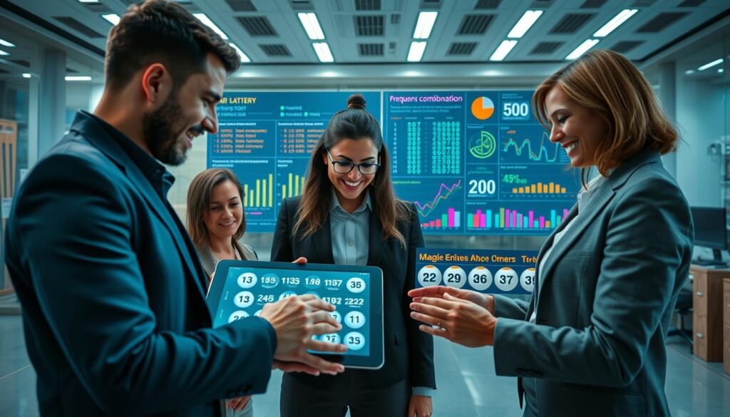 A visually engaging composition illustrating popular player strategies for choosing Powerball numbers. In the foreground, depict a diverse group of individuals in professional business attire, actively discussing and analyzing various lottery number combinations on a large digital tablet. In the middle ground, showcase colorful charts and graphs displaying number patterns, frequency statistics, and winning combinations. The background should feature a modern, sleek office environment with soft, focused lighting, emphasizing a collaborative atmosphere. The angle should be slightly elevated to capture both the interaction of the players and the dynamic visuals of the data. The mood should be optimistic and focused, conveying the excitement of strategizing for the lottery.