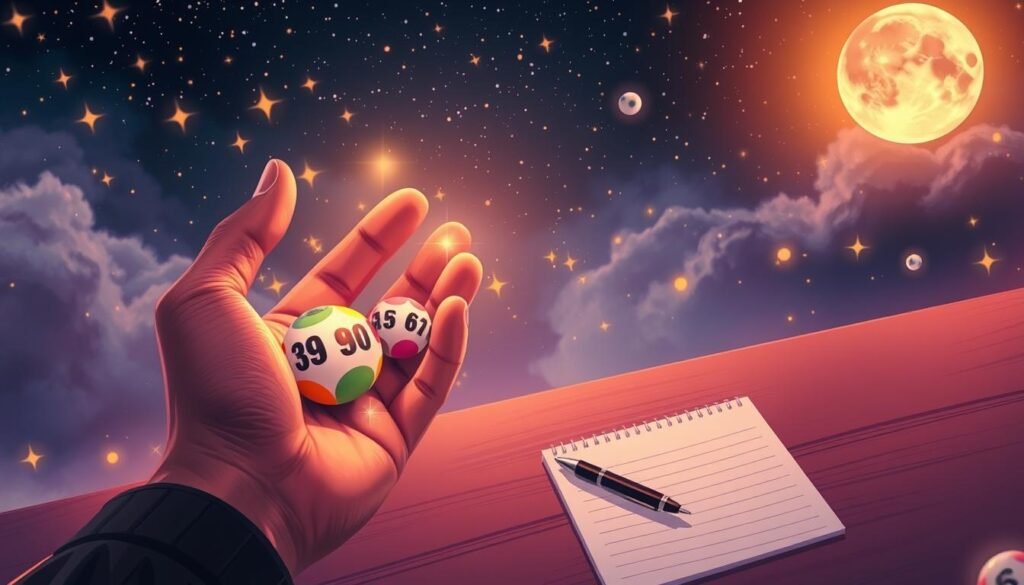A visually engaging illustration depicting the concept of selecting lucky Mega Millions numbers. In the foreground, a hand is reaching towards a colorful array of lottery balls, each displaying different numbers, with some glittering stars surrounding them to emphasize luck. The middle ground features a softly illuminated table with a notepad and a pen, suggesting thoughtful consideration. In the background, a dreamy, abstract representation of a night sky filled with twinkling stars and a full moon creates a whimsical atmosphere. Use warm, inviting lighting to enhance the mood of excitement and hope. The angle should be slightly overhead to capture the interplay of elements without distractions, ensuring a clean composition free of any text or branding.