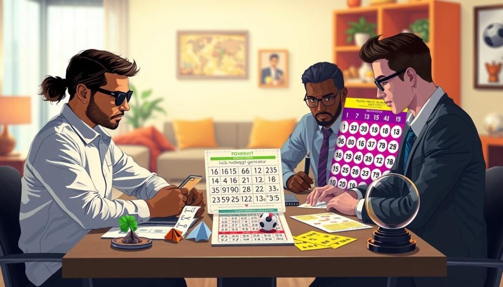 A visually engaging illustration depicting tips for picking Powerball numbers. In the foreground, a diverse group of three individuals in smart casual attire sits at a table, analyzing colorful notes and charts filled with number combinations. In the middle, a large lottery ticket and a digital screen displaying a lucky number generator tool are prominently featured, surrounded by small symbolic items like a four-leaf clover, a fortune cookie, and a crystal ball, alluding to luck and chance. The background is a soft-focus image of a cozy, well-lit living space, adorned with warm colors that create a hopeful atmosphere. The lighting is bright yet soft, highlighting the excitement and optimism of playing the lottery. A wide-angle perspective captures the action and interaction among the people.