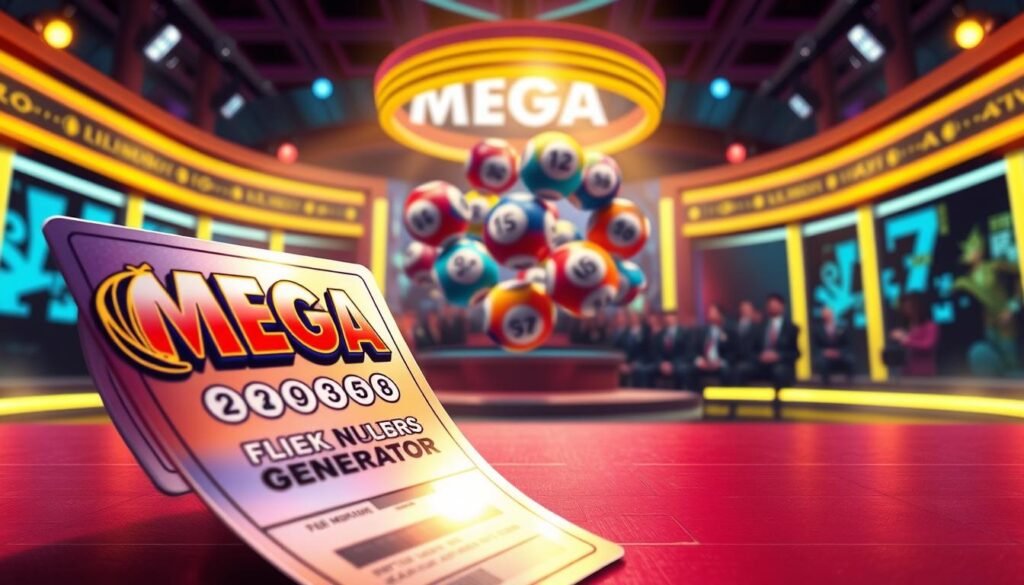 A visually engaging illustration featuring the essentials of the Mega Millions lottery. In the foreground, a large, shiny Mega Millions ticket is prominently displayed, with the numbers and a playful representation of a lucky number generator. In the middle, a group of colorful lottery balls with numbers, hovering as if in motion, symbolize chance and excitement. In the background, a stylized depiction of a vibrant lottery drawing studio, with bright lights and an audience in business attire, enhances the festive atmosphere. Soft, warm lighting casts a welcoming glow over the scene. The overall mood is one of anticipation and optimism, inviting viewers to explore the basics of the Mega Millions game. A visually engaging illustration featuring the essentials of the Mega Millions lottery. In the foreground, a large, shiny Mega Millions ticket is prominently displayed, with the numbers and a playful representation of a lucky number generator. In the middle, a group of colorful lottery balls with numbers, hovering as if in motion, symbolize chance and excitement. In the background, a stylized depiction of a vibrant lottery drawing studio, with bright lights and an audience in business attire, enhances the festive atmosphere. Soft, warm lighting casts a welcoming glow over the scene. The overall mood is one of anticipation and optimism, inviting viewers to explore the basics of the Mega Millions game.