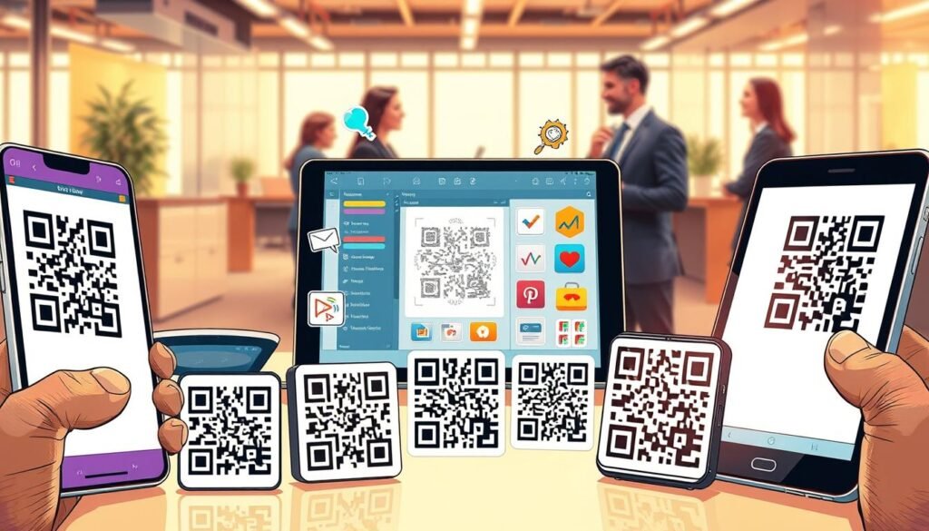 A visually engaging illustration showcasing various types of QR codes in a dynamic layout. In the foreground, several distinct QR codes are displayed on sleek, modern devices like smartphones and tablets, demonstrating different styles including static, dynamic, URL, vCard, and payment QR codes. The middle layer features a creative workspace with a digital design tool interface open, surrounded by colorful icons representing business applications like marketing and event planning. In the background, a soft focus office environment exhibits professionals in business attire discussing QR code strategies, under warm, inviting lighting. The mood is optimistic and innovative, emphasizing the versatility and practical applications of QR codes in everyday life. The composition should convey a sense of exploration and creativity without any text or additional graphics. A visually engaging illustration showcasing various types of QR codes in a dynamic layout. In the foreground, several distinct QR codes are displayed on sleek, modern devices like smartphones and tablets, demonstrating different styles including static, dynamic, URL, vCard, and payment QR codes. The middle layer features a creative workspace with a digital design tool interface open, surrounded by colorful icons representing business applications like marketing and event planning. In the background, a soft focus office environment exhibits professionals in business attire discussing QR code strategies, under warm, inviting lighting. The mood is optimistic and innovative, emphasizing the versatility and practical applications of QR codes in everyday life. The composition should convey a sense of exploration and creativity without any text or additional graphics.