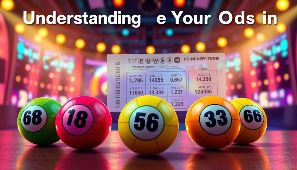 A visually engaging infographic-style illustration showing the concept of "Understanding Your Odds in Powerball." In the foreground, display a set of six brightly colored lottery balls, each with different numbers, arranged in an attractive layout. In the middle ground, feature a transparent overlay of a Powerball ticket with statistics and odds highlighted subtly, showcasing combinations of numbers. The background should depict a vibrant, dynamic scene of a lottery draw with a colorful, illuminated stage, emphasizing excitement. Use warm lighting to create a hopeful and optimistic atmosphere, and ensure the composition feels organized and informative. The angle should be slightly elevated to provide a comprehensive view of the elements, inviting the viewer to explore the odds and strategies of number combinations effortlessly. A visually engaging infographic-style illustration showing the concept of "Understanding Your Odds in Powerball." In the foreground, display a set of six brightly colored lottery balls, each with different numbers, arranged in an attractive layout. In the middle ground, feature a transparent overlay of a Powerball ticket with statistics and odds highlighted subtly, showcasing combinations of numbers. The background should depict a vibrant, dynamic scene of a lottery draw with a colorful, illuminated stage, emphasizing excitement. Use warm lighting to create a hopeful and optimistic atmosphere, and ensure the composition feels organized and informative. The angle should be slightly elevated to provide a comprehensive view of the elements, inviting the viewer to explore the odds and strategies of number combinations effortlessly.