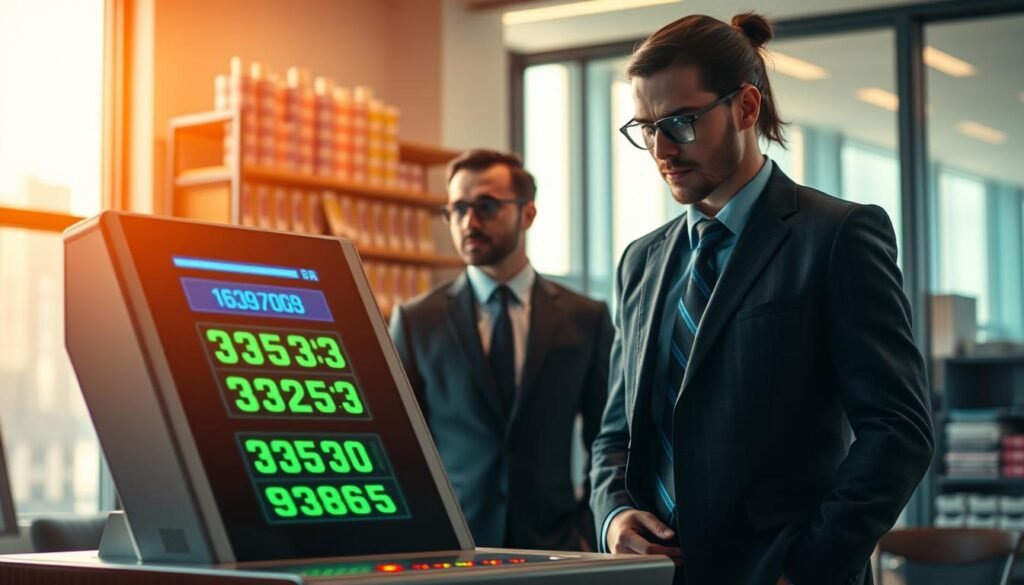 A visually engaging lottery number generator scene set in a modern office environment. In the foreground, a sleek digital lottery number generator machine is prominently displayed, with an illuminated random number display showing glowing green and blue numbers. The middle layer features a professional-looking person in business attire, intently observing the machine, with a look of anticipation and excitement. The background includes blurred shelves filled with colorful lottery ticket rolls and a large window that lets in warm, natural light, casting soft shadows. The atmosphere is one of hope and excitement, suggestive of the thrill of choosing winning numbers. The image should have a bright, inviting color palette, highlighting the concept of "luck" in a professional yet approachable manner. A visually engaging lottery number generator scene set in a modern office environment. In the foreground, a sleek digital lottery number generator machine is prominently displayed, with an illuminated random number display showing glowing green and blue numbers. The middle layer features a professional-looking person in business attire, intently observing the machine, with a look of anticipation and excitement. The background includes blurred shelves filled with colorful lottery ticket rolls and a large window that lets in warm, natural light, casting soft shadows. The atmosphere is one of hope and excitement, suggestive of the thrill of choosing winning numbers. The image should have a bright, inviting color palette, highlighting the concept of "luck" in a professional yet approachable manner.