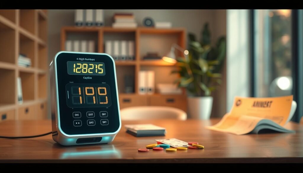A visually engaging lottery tool designed for generating 4-digit lucky numbers. In the foreground, prominently feature an elegant, high-tech device with a sleek interface, displaying interactive buttons and a digital screen that shows a glowing, randomly selected 4-digit combination. In the middle ground, include a stylish table with a modern lottery ticket and colorful tokens scattered nearby. In the background, create a serene, softly lit environment reminiscent of a cozy office space, featuring blurred shelves with financial books and a potted plant to enhance the atmosphere. Use warm, inviting lighting while capturing a slightly angled perspective to give depth, ensuring a professional yet exciting mood that engages viewers. A visually engaging lottery tool designed for generating 4-digit lucky numbers. In the foreground, prominently feature an elegant, high-tech device with a sleek interface, displaying interactive buttons and a digital screen that shows a glowing, randomly selected 4-digit combination. In the middle ground, include a stylish table with a modern lottery ticket and colorful tokens scattered nearby. In the background, create a serene, softly lit environment reminiscent of a cozy office space, featuring blurred shelves with financial books and a potted plant to enhance the atmosphere. Use warm, inviting lighting while capturing a slightly angled perspective to give depth, ensuring a professional yet exciting mood that engages viewers.