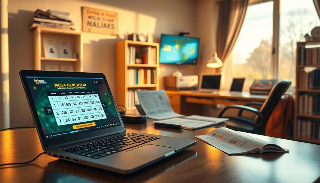 A visually engaging representation of generating Mega Millions numbers, showcasing a step-by-step approach. In the foreground, display a stylish computer workstation with a modern laptop open to a colorful interface featuring a number generator tool. Include a hand clicking a button with excitement. The middle ground should feature a well-organized desk with colorful charts and a printed guide on lottery strategies. In the background, create a cozy office ambiance with soft, warm lighting, bookshelves filled with lottery-related materials, and a window showing a sunny day outside. The overall atmosphere should convey anticipation and optimism, inviting viewers to explore the world of lottery opportunities. A visually engaging representation of generating Mega Millions numbers, showcasing a step-by-step approach. In the foreground, display a stylish computer workstation with a modern laptop open to a colorful interface featuring a number generator tool. Include a hand clicking a button with excitement. The middle ground should feature a well-organized desk with colorful charts and a printed guide on lottery strategies. In the background, create a cozy office ambiance with soft, warm lighting, bookshelves filled with lottery-related materials, and a window showing a sunny day outside. The overall atmosphere should convey anticipation and optimism, inviting viewers to explore the world of lottery opportunities.