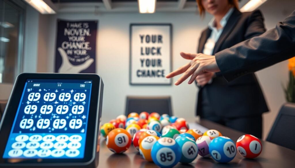 A visually engaging scene depicting a modern Powerball number generator in an office setting. In the foreground, showcase a sleek digital device with a touch screen displaying random lottery numbers flickering. Include a hand in professional business attire confidently interacting with the device. In the middle, arrange a table with colorful lottery balls scattered around, each displaying different numbers, creating a playful yet organized atmosphere. The background should reveal a well-lit, contemporary office space with motivational posters about luck and chance, hinting at the excitement of winning. Utilize soft, natural lighting to enhance the mood of optimism and possibility, capturing the essence of using a Powerball generator for quick number selection. Focus on a clean composition with a shallow depth of field to emphasize the number generator in the foreground. A visually engaging scene depicting a modern Powerball number generator in an office setting. In the foreground, showcase a sleek digital device with a touch screen displaying random lottery numbers flickering. Include a hand in professional business attire confidently interacting with the device. In the middle, arrange a table with colorful lottery balls scattered around, each displaying different numbers, creating a playful yet organized atmosphere. The background should reveal a well-lit, contemporary office space with motivational posters about luck and chance, hinting at the excitement of winning. Utilize soft, natural lighting to enhance the mood of optimism and possibility, capturing the essence of using a Powerball generator for quick number selection. Focus on a clean composition with a shallow depth of field to emphasize the number generator in the foreground.