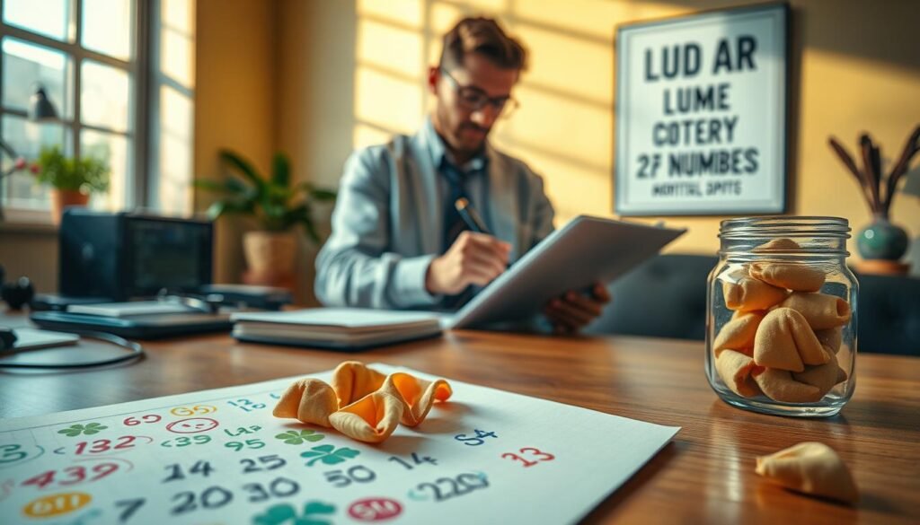 A visually engaging scene illustrating "Handy Tips for Lucky Lottery Numbers." In the foreground, a well-organized desk with a notepad filled with colorful sketches of numbers and symbols that represent luck, such as four-leaf clovers and horseshoes. A shiny lottery ticket is prominently displayed next to a small transparent jar filled with uneaten fortune cookies. In the middle ground, a casual yet professional-looking person, dressed in smart casual attire, thoughtfully writes down a list of 'lucky tips' on a clipboard. The background showcases a warm-toned, softly lit room with a motivational poster about luck on the wall. The atmosphere is one of inspiration and positivity, with gentle sunlight filtering in through a window, casting soft shadows. The image should evoke a sense of hope and strategic thinking. A visually engaging scene illustrating "Handy Tips for Lucky Lottery Numbers." In the foreground, a well-organized desk with a notepad filled with colorful sketches of numbers and symbols that represent luck, such as four-leaf clovers and horseshoes. A shiny lottery ticket is prominently displayed next to a small transparent jar filled with uneaten fortune cookies. In the middle ground, a casual yet professional-looking person, dressed in smart casual attire, thoughtfully writes down a list of 'lucky tips' on a clipboard. The background showcases a warm-toned, softly lit room with a motivational poster about luck on the wall. The atmosphere is one of inspiration and positivity, with gentle sunlight filtering in through a window, casting soft shadows. The image should evoke a sense of hope and strategic thinking.