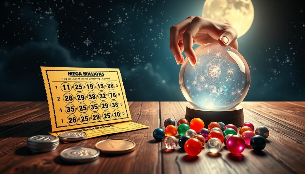 A visually engaging scene illustrating "Tips for Picking Lucky Mega Millions Numbers." In the foreground, a wooden table is adorned with a magical golden lottery ticket and a shiny silver coin. Next to it, a colorful assortment of numbers, depicted as vibrant orbs, sparkle with a hint of enchantment. In the middle ground, an elegant hand is seen gently touching a glowing crystal ball, symbolizing fortune and luck. The background features a dreamy, starry night sky, enhanced with soft, diffused moonlight casting gentle shadows. The overall atmosphere is captivating and hopeful, evoking excitement about future possibilities. The image captures the essence of luck and strategy, creating a motivational and inspiring mood for lottery enthusiasts. A visually engaging scene illustrating "Tips for Picking Lucky Mega Millions Numbers." In the foreground, a wooden table is adorned with a magical golden lottery ticket and a shiny silver coin. Next to it, a colorful assortment of numbers, depicted as vibrant orbs, sparkle with a hint of enchantment. In the middle ground, an elegant hand is seen gently touching a glowing crystal ball, symbolizing fortune and luck. The background features a dreamy, starry night sky, enhanced with soft, diffused moonlight casting gentle shadows. The overall atmosphere is captivating and hopeful, evoking excitement about future possibilities. The image captures the essence of luck and strategy, creating a motivational and inspiring mood for lottery enthusiasts.