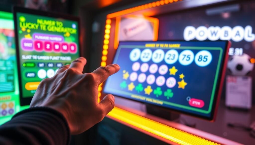 A visually engaging step-by-step guide illustrating the process of using a Lucky Number Generator for Powerball. In the foreground, a hand is gently pointing to a large, colorful touchscreen displaying a user-friendly interface with number selection and buttons. The middle ground features an animated sequence of numbers appearing, along with icons symbolizing luck like four-leaf clovers and stars. In the background, a soft-focus lottery ticket and Powerball logo add context. Warm, inviting lighting casts a friendly glow over the scene, suggesting excitement and hope. The overall mood is optimistic and playful, capturing the essence of generating lucky numbers. The image should remain clean and professional, void of any text overlays or distractions.