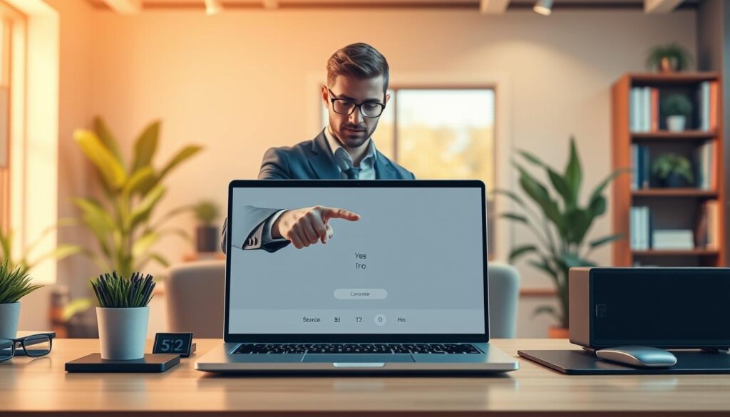 A visually engaging step-by-step guide illustration for using an Instant Yes or No Generator tool. In the foreground, show a neatly arranged desktop workspace with a laptop open, displaying a clean interface of the generator tool. On the middle layer, feature a human figure dressed in smart casual attire, intently pointing at the laptop screen, symbolizing guidance. The background should depict a well-lit, modern office environment with soft-focus plants and bookshelves, creating a professional atmosphere. Use warm, inviting lighting to enhance the mood of productivity and clarity. Capture the scene from a slightly elevated angle to provide a comprehensive view of the workspace, ensuring focus on the tool with a seamless blend of elements.