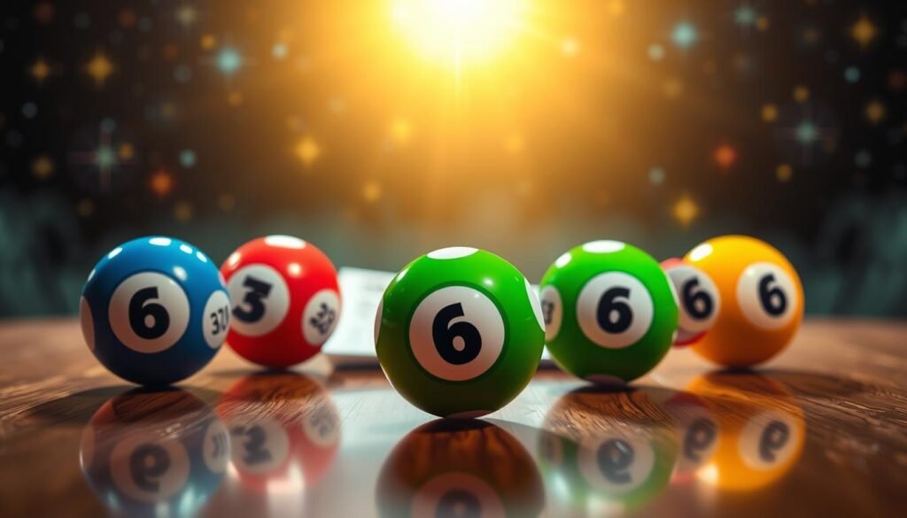 A visually striking composition showcasing six colorful lottery balls, each boldly displaying one of the "lucky numbers" for Powerball, set against a softly lit backdrop. The foreground features the lottery balls arranged artfully on a polished wooden table, capturing the light to enhance their vibrant colors of red, blue, green, and yellow. The middle ground includes a blurred image of a lottery ticket, subtly hinting at the excitement of winning. In the background, a dreamy gradient of stars and swirling galaxies evokes a sense of luck and fortune, with a warm golden glow creating an inviting atmosphere. The overall mood is optimistic and vibrant, capturing the thrill of playing the lottery without any text or distractions. A visually striking composition showcasing six colorful lottery balls, each boldly displaying one of the "lucky numbers" for Powerball, set against a softly lit backdrop. The foreground features the lottery balls arranged artfully on a polished wooden table, capturing the light to enhance their vibrant colors of red, blue, green, and yellow. The middle ground includes a blurred image of a lottery ticket, subtly hinting at the excitement of winning. In the background, a dreamy gradient of stars and swirling galaxies evokes a sense of luck and fortune, with a warm golden glow creating an inviting atmosphere. The overall mood is optimistic and vibrant, capturing the thrill of playing the lottery without any text or distractions.