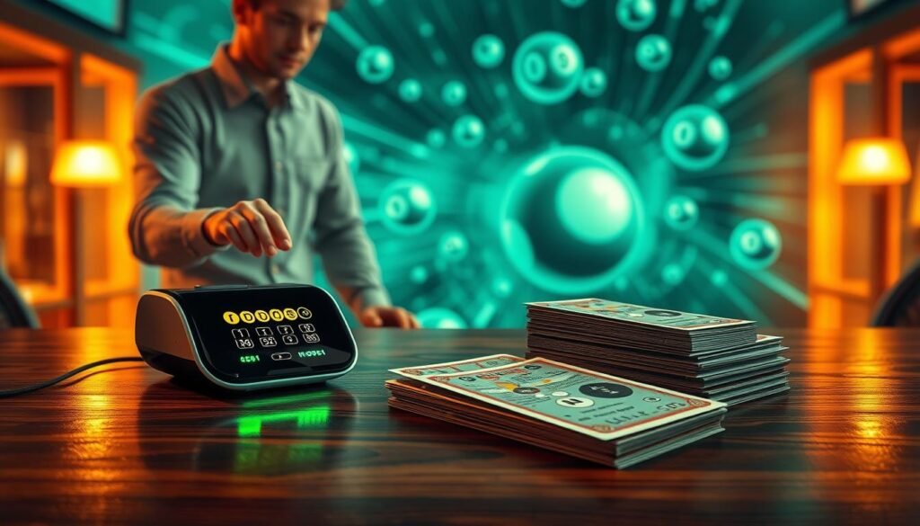A visually striking illustration of a Powerball lucky number generator in action. In the foreground, an elegant wooden table displays a sleek, digital lottery number generator emitting a soft, green glow. Gleaming Powerball tickets are stacked nearby, their colorful designs prominently visible. In the middle ground, a blurred hand, casually dressed in a smart shirt, gently interacts with the generator, symbolizing engagement and hope. The background features a dreamy lottery-themed display with swirling graphics of numbers and balls, subtly blending into an abstract representation of chance and fortune. The lighting is warm and inviting, creating a hopeful, optimistic atmosphere. The image should evoke excitement and curiosity about lucky number generation. A visually striking illustration of a Powerball lucky number generator in action. In the foreground, an elegant wooden table displays a sleek, digital lottery number generator emitting a soft, green glow. Gleaming Powerball tickets are stacked nearby, their colorful designs prominently visible. In the middle ground, a blurred hand, casually dressed in a smart shirt, gently interacts with the generator, symbolizing engagement and hope. The background features a dreamy lottery-themed display with swirling graphics of numbers and balls, subtly blending into an abstract representation of chance and fortune. The lighting is warm and inviting, creating a hopeful, optimistic atmosphere. The image should evoke excitement and curiosity about lucky number generation.