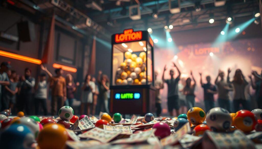 A visually striking representation of popular lottery games, featuring a vibrant display of colorful lottery balls and tickets scattered artfully in the foreground. In the middle ground, an illuminated lottery draw machine is prominently placed, filled with animated balls swirling gently to create a sense of anticipation. The background should include a dreamy, blurred vision of joyful participants cheering, set against a softly lit stage. Use warm, inviting lighting to enhance the mood of excitement and hope, with a slight depth of field to focus on the lottery elements. Capture this scene from a slightly elevated angle, emphasizing the colors and textures of the lottery elements, while avoiding any text, logos, or branding. A visually striking representation of popular lottery games, featuring a vibrant display of colorful lottery balls and tickets scattered artfully in the foreground. In the middle ground, an illuminated lottery draw machine is prominently placed, filled with animated balls swirling gently to create a sense of anticipation. The background should include a dreamy, blurred vision of joyful participants cheering, set against a softly lit stage. Use warm, inviting lighting to enhance the mood of excitement and hope, with a slight depth of field to focus on the lottery elements. Capture this scene from a slightly elevated angle, emphasizing the colors and textures of the lottery elements, while avoiding any text, logos, or branding.