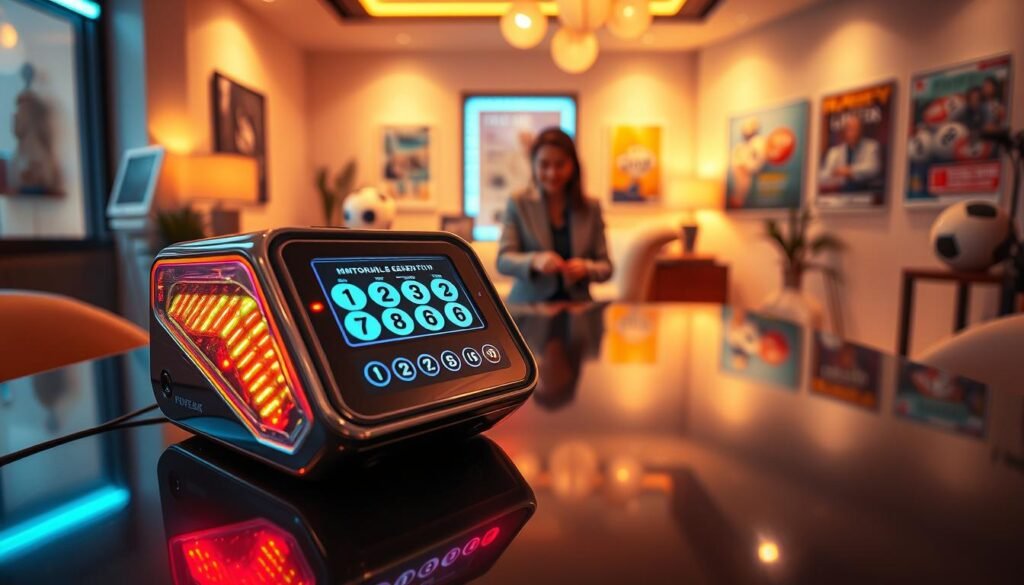 A visually striking scene depicting a Powerball Lucky Number Generator on a sleek, modern table. In the foreground, showcase a shiny, high-tech device with colorful LED lights, displaying a set of random lottery numbers. The middle ground features a soft focus on a person in professional attire interacting with the device, looking intrigued and hopeful. The background illustrates a softly lit, inviting room with lottery-themed decor, including large lottery balls and posters. Use warm, ambient lighting to create a positive and exciting atmosphere, while capturing the device in detail with a slight angle to emphasize its features. The image should evoke a sense of anticipation and fun associated with playing the lottery.