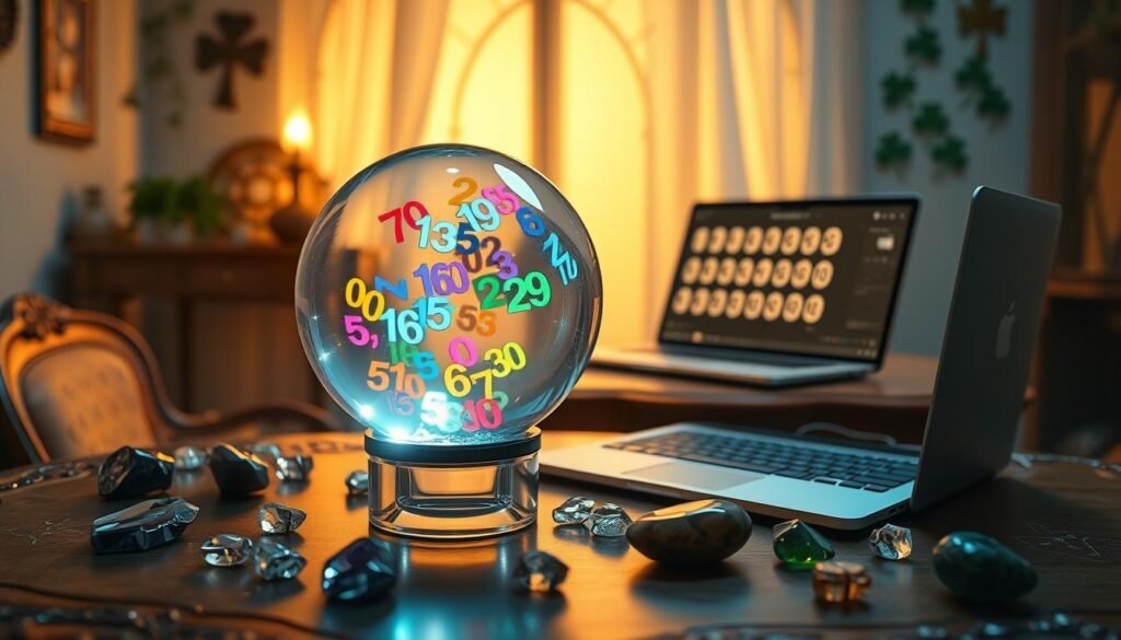A visually striking scene illustrating a "Lucky Number Generator". In the foreground, a crystal-clear glass orb glowing softly, containing swirling colorful numbers inside, suggesting chance and fortune. The middle ground features an ornate wooden table topped with various polished gemstones and a sleek, silver laptop displaying an interactive number selection interface. In the background, a serene, softly lit room adorned with luck-themed decorations, like four-leaf clovers and lucky charms, enhancing the atmosphere of positivity and hope. The lighting is warm and inviting, with a gentle glow coming from the orb and a slight lens flare effect to create a magical mood. The camera angle is slightly elevated, capturing the essence of wonder and possibility surrounding lucky number generation. A visually striking scene illustrating a "Lucky Number Generator". In the foreground, a crystal-clear glass orb glowing softly, containing swirling colorful numbers inside, suggesting chance and fortune. The middle ground features an ornate wooden table topped with various polished gemstones and a sleek, silver laptop displaying an interactive number selection interface. In the background, a serene, softly lit room adorned with luck-themed decorations, like four-leaf clovers and lucky charms, enhancing the atmosphere of positivity and hope. The lighting is warm and inviting, with a gentle glow coming from the orb and a slight lens flare effect to create a magical mood. The camera angle is slightly elevated, capturing the essence of wonder and possibility surrounding lucky number generation.