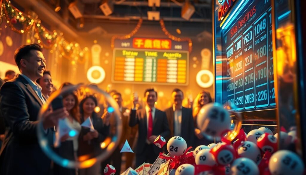 A vivid illustration of a vibrant lottery draw scene capturing the intensity of anticipation. In the foreground, transparent lottery balls swirl in an elegant machine, reflecting the bright colors of the numbered tickets scattered around. The middle ground features a glistening digital display showing various draw times and ticket deadlines against a backdrop of excited spectators, dressed in professional business attire, with smiles on their faces. The background is adorned with festive decorations, creating an atmosphere of excitement and hope, with soft warm lighting bathing the scene in a golden glow. A shallow depth of field creates a focus on the lottery machine's intricate details while softly blurring the jubilant crowd behind it, enhancing the lively mood of the event. A vivid illustration of a vibrant lottery draw scene capturing the intensity of anticipation. In the foreground, transparent lottery balls swirl in an elegant machine, reflecting the bright colors of the numbered tickets scattered around. The middle ground features a glistening digital display showing various draw times and ticket deadlines against a backdrop of excited spectators, dressed in professional business attire, with smiles on their faces. The background is adorned with festive decorations, creating an atmosphere of excitement and hope, with soft warm lighting bathing the scene in a golden glow. A shallow depth of field creates a focus on the lottery machine's intricate details while softly blurring the jubilant crowd behind it, enhancing the lively mood of the event.