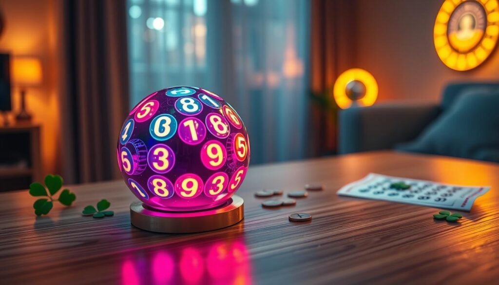 A whimsical, colorful image of a "Lucky for Life Number Generator" on a modern, sleek wooden table. In the foreground, a rounded number generator device resembling a small globe, with bright, vibrant numbers glowing softly, casting a warm, inviting light. The middle ground features a subtle array of lucky charms, such as four-leaf clovers and small coins, enhancing the theme of luck. In the background, a softly blurred lottery ticket lies partially on the table, hinting at the excitement of playing. The scene is well-lit with a cozy, positive atmosphere, evoking feelings of hope and possibilities. The angle is slightly elevated, allowing viewers to appreciate the numbers on the generator clearly while drawing them into the enchanting world of chance and fortune.