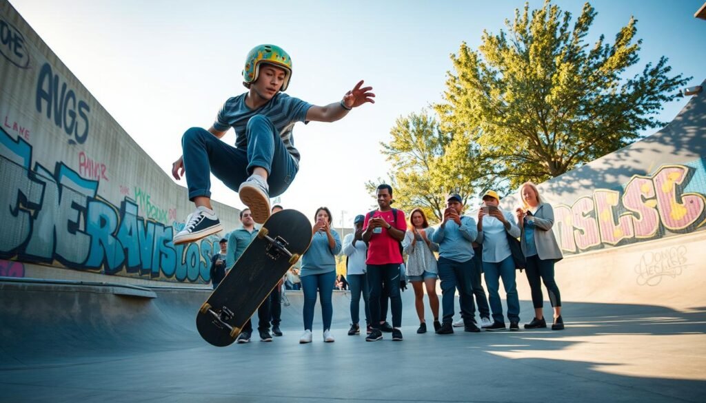 A young athlete demonstrating the Coon Flip trick in a dynamic outdoor skatepark setting. In the foreground, focus on the skater mid-air, showcasing skill and concentration, wearing a vibrant helmet and casual sportswear. In the middle ground, include a diverse group of onlookers, clad in casual attire, capturing the moment with their smartphones, showing a mix of awe and encouragement. The background features colorful graffiti on concrete walls, emphasizing a lively urban atmosphere. Soft afternoon sunlight casts dynamic shadows, highlighting the skater's movement and creating a sense of excitement. The camera angle is slightly low, capturing the height of the trick against a clear blue sky, conveying the energy and thrill of mastering the Coon Flip. A young athlete demonstrating the Coon Flip trick in a dynamic outdoor skatepark setting. In the foreground, focus on the skater mid-air, showcasing skill and concentration, wearing a vibrant helmet and casual sportswear. In the middle ground, include a diverse group of onlookers, clad in casual attire, capturing the moment with their smartphones, showing a mix of awe and encouragement. The background features colorful graffiti on concrete walls, emphasizing a lively urban atmosphere. Soft afternoon sunlight casts dynamic shadows, highlighting the skater's movement and creating a sense of excitement. The camera angle is slightly low, capturing the height of the trick against a clear blue sky, conveying the energy and thrill of mastering the Coon Flip.