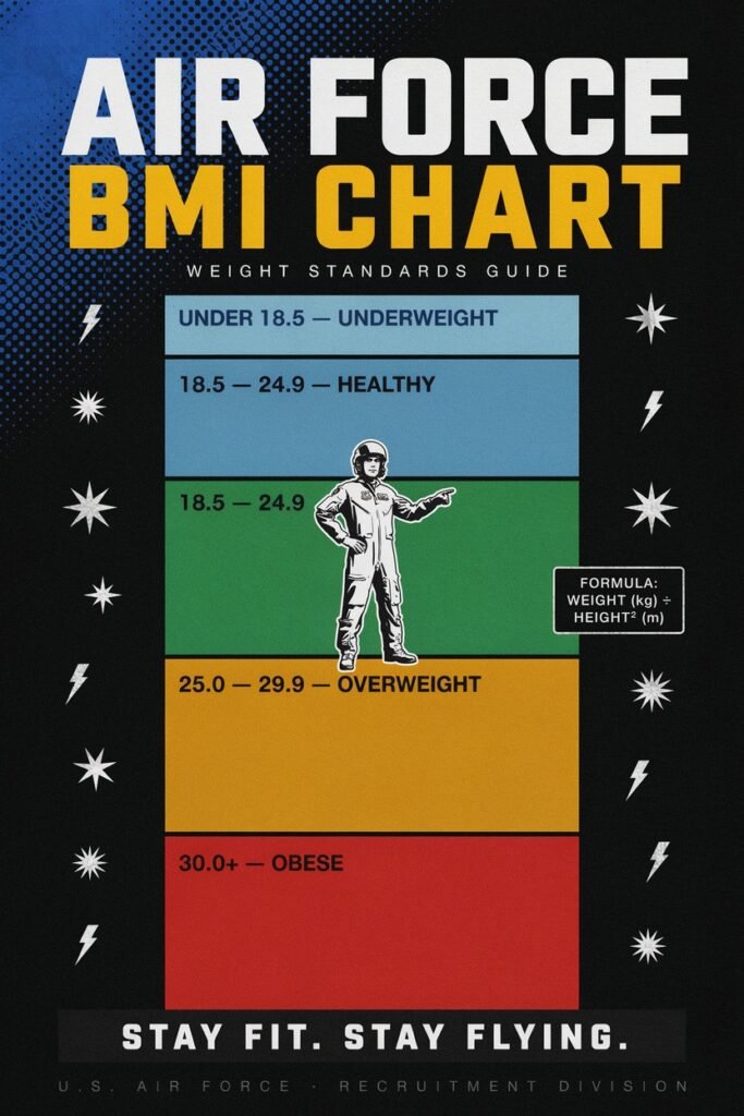 A detailed illustration of an "Airforce BMI Chart Guide" featuring a visually organized BMI chart. In the foreground, a BMI chart prominently displays various weight categories and corresponding height ranges, highlighted using bold colors for clarity. In the middle, a professional-looking person in military attire stands confidently, pointing towards the chart, symbolizing authority and inspiration. The background is softly blurred, showcasing a well-lit training environment, with subtle elements of Airforce insignia and motivational posters. The lighting is bright and even, suggesting a clear, informative atmosphere. The overall mood is professional and educational, ideal for a guide on military weight standards, ensuring respect and motivation without any text or distractions. airforce bmi chart