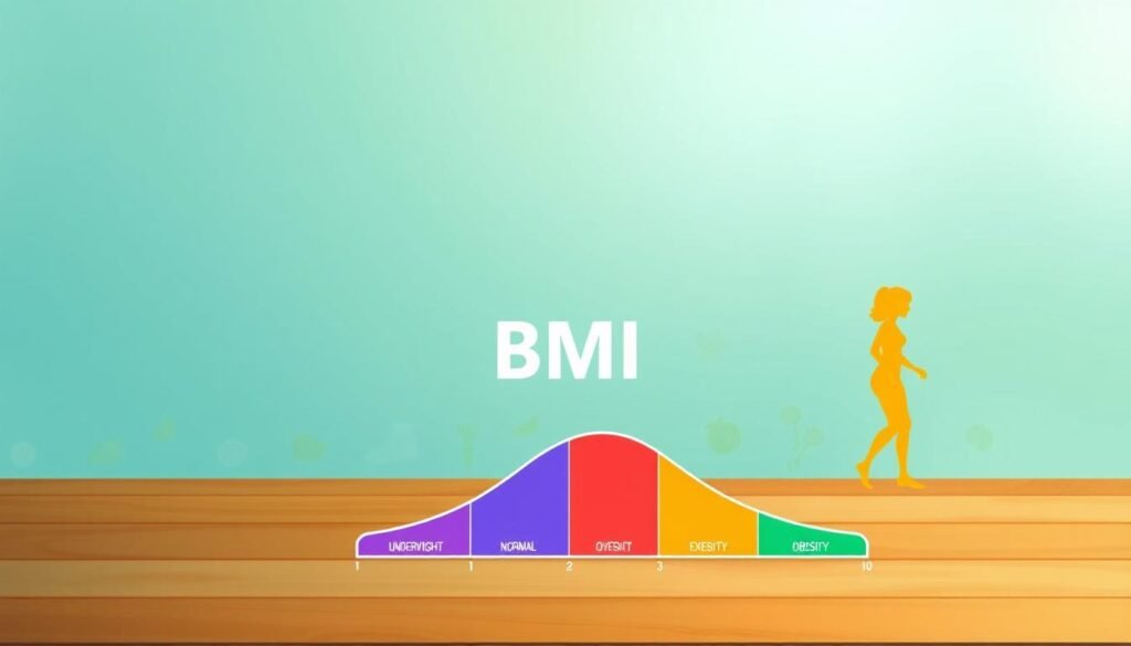 An informative and visually appealing infographic depicting the BMI (Body Mass Index) categories: underweight, normal weight, overweight, and obesity. The foreground features a simplified chart with distinct sections for each category, color-coded for clarity. In the middle ground, simplistic illustrations of healthy fruits, vegetables, and exercise equipment subtly enhance the theme of health and wellness. The background showcases a gradient of calming colors, transitioning from cool blues to warm greens, evoking a sense of vitality. Soft lighting brings focus to the infographic, with a slight overhead angle to maintain a professional appearance. The overall mood is educational and supportive, encouraging viewers to understand their BMI and its implications for health without any text or distractions.