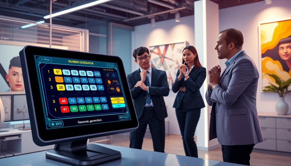 An informative and visually engaging illustration of a "Step-by-Step Guide to Mega Millions Number Generation." In the foreground, show a sleek digital interface displaying a number generator tool with colorful buttons and a user-friendly layout. In the middle ground, depict a diverse group of three individuals, dressed in professional business attire, thoughtfully interacting with the number generator on a large touchscreen. In the background, create a modern office environment with a high-tech vibe, featuring bright lighting and abstract art on the walls. The overall mood should be optimistic and motivational, highlighting the excitement of generating lucky numbers for the Mega Millions lottery. The composition should be clear and focused, emphasizing the step-by-step process in action, without any text or overlays. An informative and visually engaging illustration of a "Step-by-Step Guide to Mega Millions Number Generation." In the foreground, show a sleek digital interface displaying a number generator tool with colorful buttons and a user-friendly layout. In the middle ground, depict a diverse group of three individuals, dressed in professional business attire, thoughtfully interacting with the number generator on a large touchscreen. In the background, create a modern office environment with a high-tech vibe, featuring bright lighting and abstract art on the walls. The overall mood should be optimistic and motivational, highlighting the excitement of generating lucky numbers for the Mega Millions lottery. The composition should be clear and focused, emphasizing the step-by-step process in action, without any text or overlays.