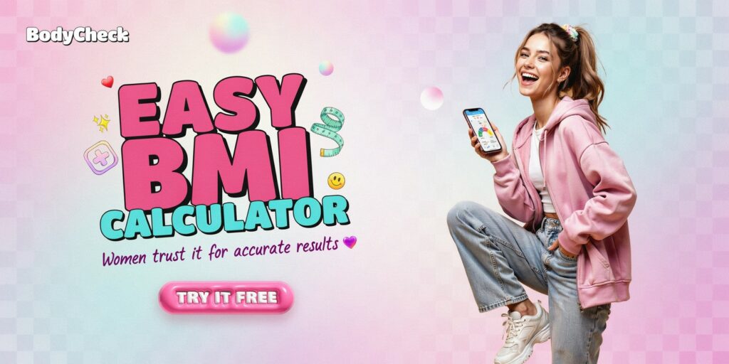 Woman promoting BMI calculator app. Easy BMI calculator women trust for accurate results.
