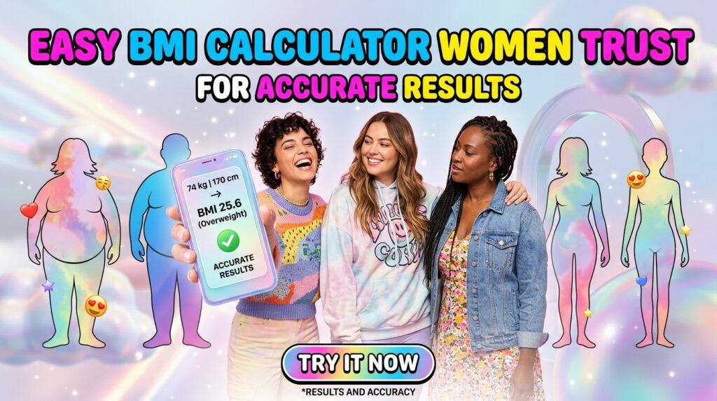 Easy BMI calculator women trust for accurate results. Group of women holding BMI calculator.
