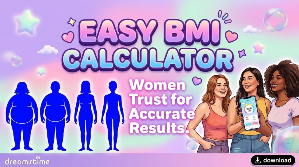 Easy BMI calculator women trust for accurate results. Group of women next to BMI chart.