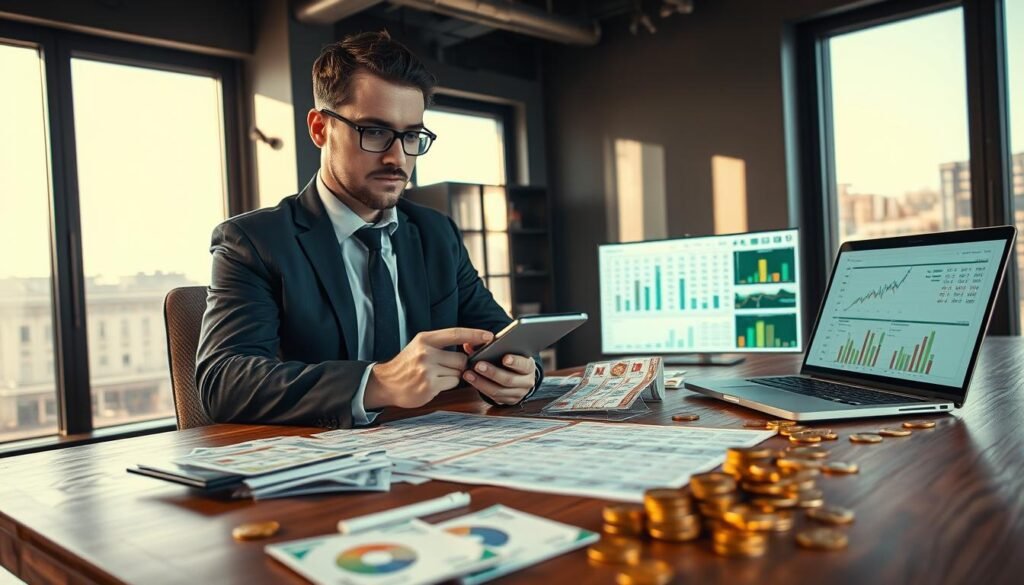 In a professional office setting, a large wooden table is filled with colorful lottery tickets and a detailed spreadsheet displaying odds and chances, emphasizing numerical data and statistical graphs. In the foreground, a confident individual dressed in professional business attire, using a calculator, examines the tickets with a contemplative expression. In the middle ground, scattered gold coins and a laptop with a glowing screen displaying charts and graphs frame the scene to illustrate financial opportunities. The background features a large window with natural sunlight streaming in, casting soft shadows that create a warm and inviting atmosphere. The overall mood conveys a sense of analytical focus and the pursuit of understanding lottery opportunities. The image should be bright and well-lit to enhance clarity and engagement. In a professional office setting, a large wooden table is filled with colorful lottery tickets and a detailed spreadsheet displaying odds and chances, emphasizing numerical data and statistical graphs. In the foreground, a confident individual dressed in professional business attire, using a calculator, examines the tickets with a contemplative expression. In the middle ground, scattered gold coins and a laptop with a glowing screen displaying charts and graphs frame the scene to illustrate financial opportunities. The background features a large window with natural sunlight streaming in, casting soft shadows that create a warm and inviting atmosphere. The overall mood conveys a sense of analytical focus and the pursuit of understanding lottery opportunities. The image should be bright and well-lit to enhance clarity and engagement.