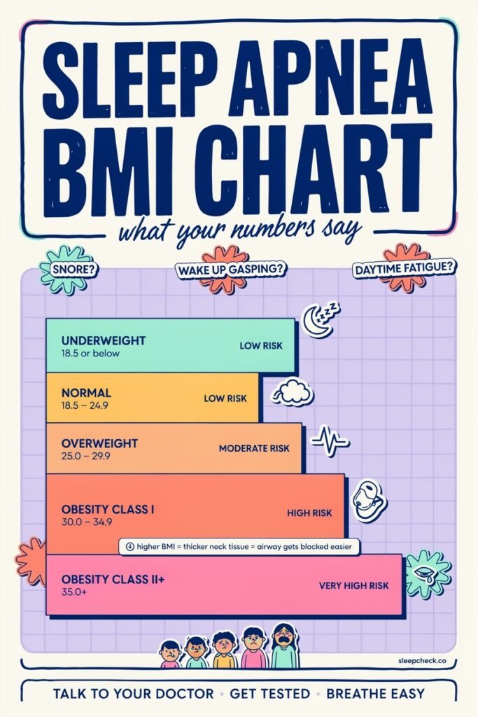 A serene and informative illustration depicting the basics of sleep apnea. In the foreground, a professional-looking physician, dressed in a white coat, is explaining the condition to a patient sitting on an examination table, both engaged in a detailed conversation. The middle ground features a large, clear infographic chart highlighting key components of sleep apnea, including breathing patterns and symptoms. The background showcases a softly lit, modern medical office setting with calming colors, emphasizing a sense of reassurance and professionalism. Soft, warm lighting casts a gentle glow over the scene, evoking a calm and educational atmosphere, perfect for understanding a serious health condition. sleep apnea bmi chart