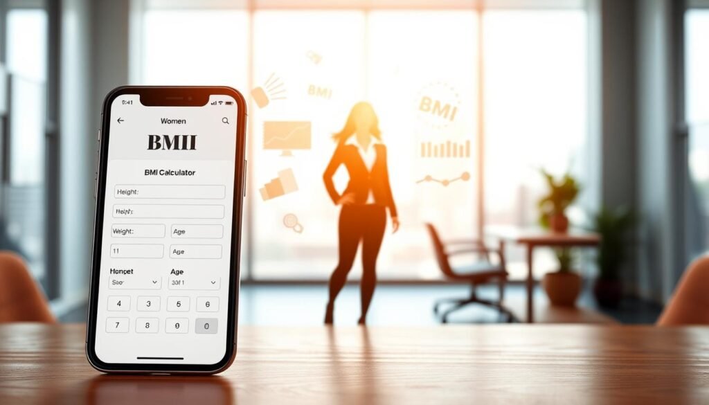 A BMI calculator interface designed for women, featuring a sleek and modern layout. In the foreground, a smartphone displaying a simplified calculator app with input fields for height, weight, and age. The middle ground includes a well-defined female silhouette in professional business attire, symbolizing diverse body compositions. Surrounding her, faint graphical elements like body composition charts and BMI indicators float gently, suggesting accuracy and health. The background holds a soft-focus office setting with natural lighting streaming through large windows, creating a bright and inviting atmosphere. The overall mood conveys empowerment and professionalism, emphasizing the importance of understanding body composition in relation to BMI accuracy. The scene is shot from a slightly elevated angle, lending perspective.