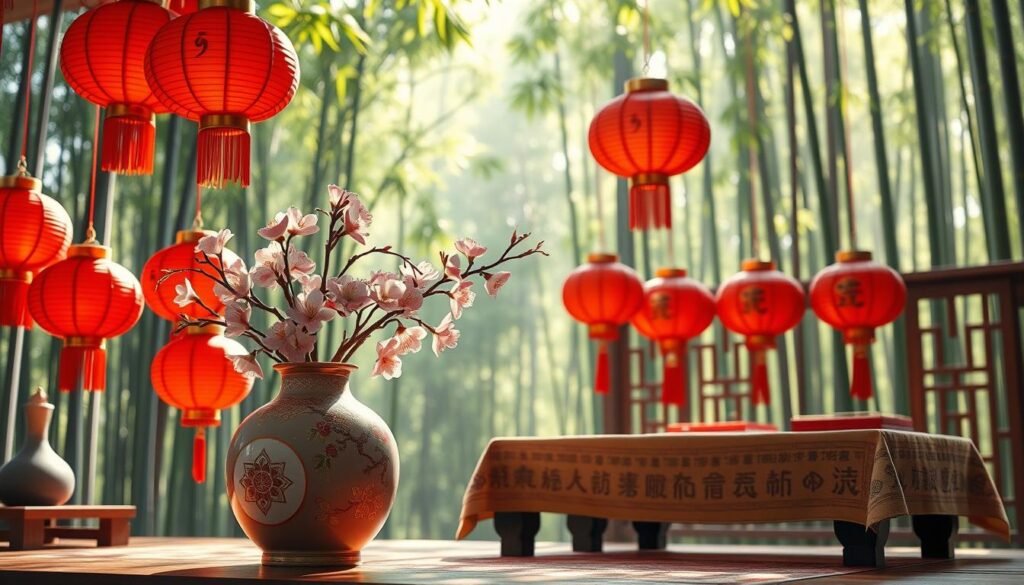 A beautifully arranged Chinese scene celebrating the number 9 as a symbol of luck, featuring a prominent display of nine vermilion Chinese lanterns, gently swaying in a soft breeze. In the foreground, a graceful ceramic vase adorned with traditional motifs holds nine blossoming cherry blossoms, each flower representing good fortune. The middle ground includes a traditional wooden table draped in a silk tablecloth, showcasing intricate auspicious symbols. In the background, a serene bamboo forest with dappled sunlight filtering through the leaves creates a tranquil atmosphere. Capture the scene from a slightly elevated angle to emphasize depth, with warm, soft lighting to evoke a sense of harmony and positivity. The mood is peaceful and optimistic, reflecting the cultural significance of the number 9 in Chinese traditions.