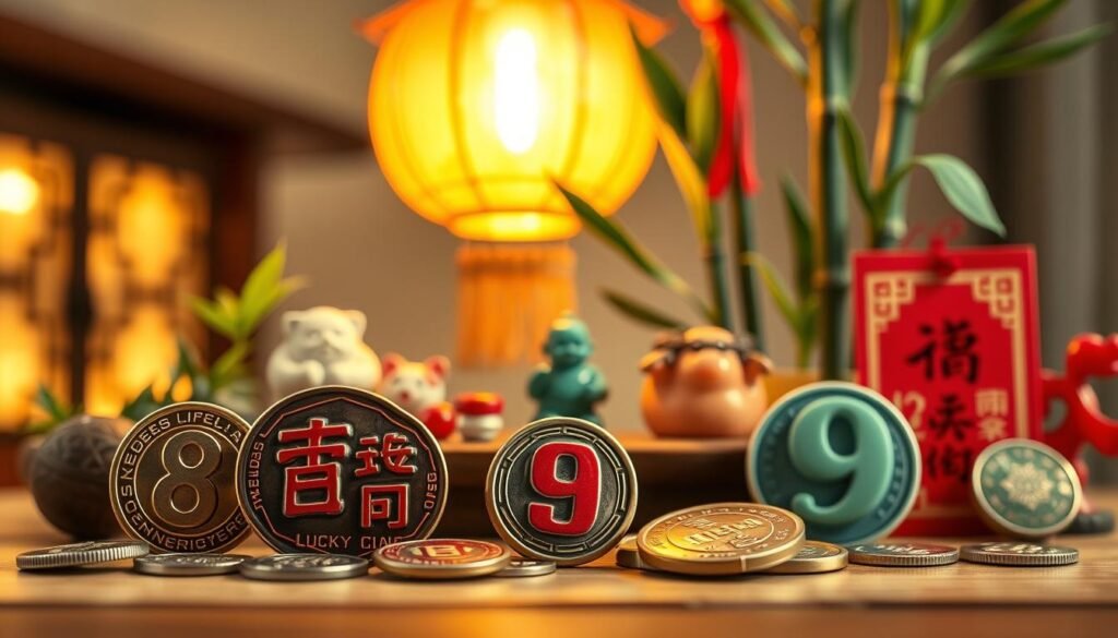 A beautifully arranged composition featuring symbols of lucky numbers in Chinese culture. In the foreground, showcase traditional Chinese coins and decorative red envelopes, with the numbers '8' and '9' prominently displayed, symbolizing prosperity and long-lasting luck. In the middle ground, incorporate elements like jade figurines and bamboo plants, renowned for their significance in bringing good fortune. The background should feature a gently glowing lantern, casting warm, inviting light, creating an ambiance of celebration and prosperity. Utilize soft focus with a slight vignette to emphasize the central elements. Capture the scene from a slightly elevated angle to provide depth. Aim for a serene yet uplifting mood, reflecting the cultural importance of lucky numbers in China, evoking feelings of hope and positivity.