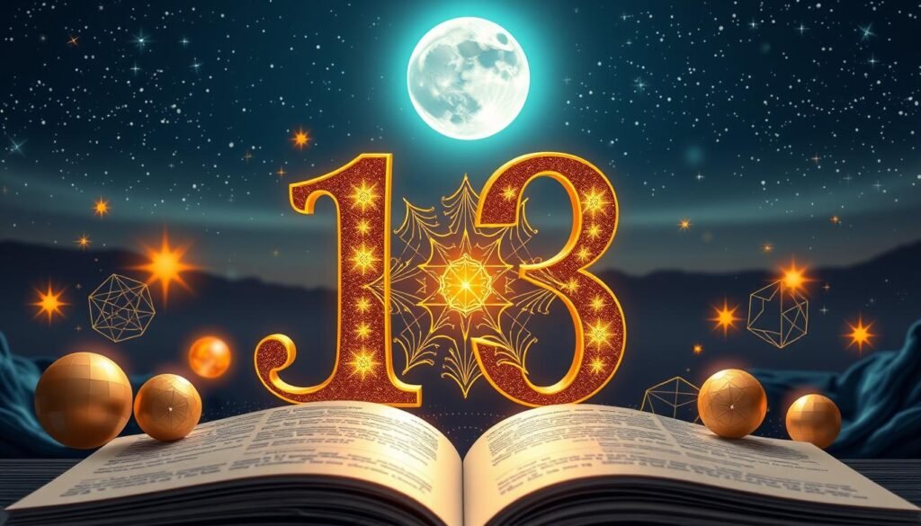 A beautifully arranged composition focusing on the number 18, highlighted in an artistic, elegant font with golden accents. In the foreground, incorporate soft glowing orbs symbolizing luck, with star motifs radiating from the number. In the middle ground, display numerological symbols and patterns like geometric shapes and celestial elements, providing a sense of mystique and depth. The background should feature a tranquil night sky with twinkling stars and a full moon casting a serene glow, creating a mystical atmosphere. Use soft, ethereal lighting to enhance the overall feeling of luck and significance surrounding the number 18. The entire scene should evoke a sense of wonder and invitation to explore the deeper meaning of numerology. A beautifully arranged composition focusing on the number 18, highlighted in an artistic, elegant font with golden accents. In the foreground, incorporate soft glowing orbs symbolizing luck, with star motifs radiating from the number. In the middle ground, display numerological symbols and patterns like geometric shapes and celestial elements, providing a sense of mystique and depth. The background should feature a tranquil night sky with twinkling stars and a full moon casting a serene glow, creating a mystical atmosphere. Use soft, ethereal lighting to enhance the overall feeling of luck and significance surrounding the number 18. The entire scene should evoke a sense of wonder and invitation to explore the deeper meaning of numerology.