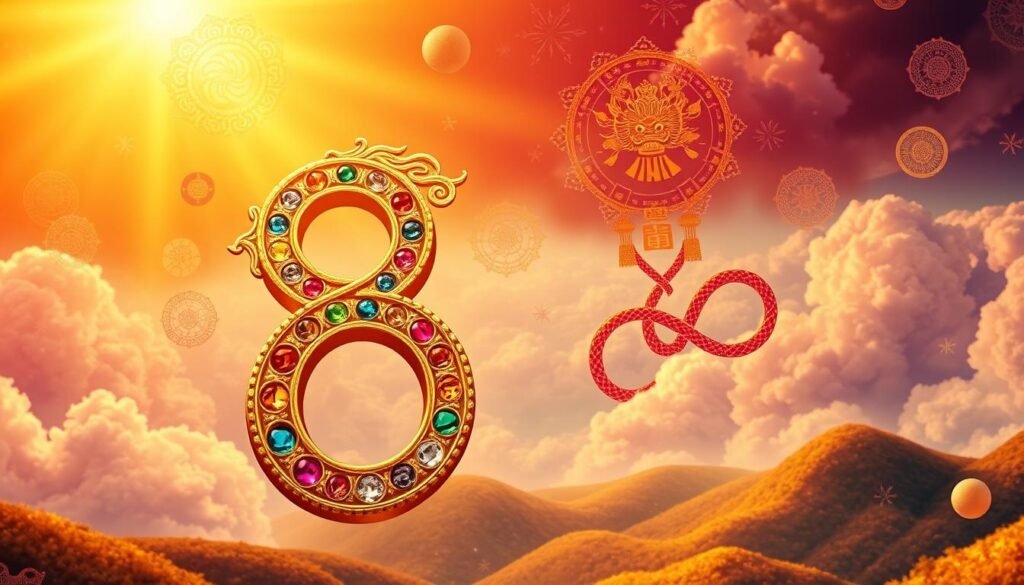 A beautifully arranged composition focusing on the number 8, depicted in vibrant colors and artistic styles. In the foreground, a large, ornate number 8 made of gold and gemstone textures, glimmering with light reflections. The middle ground features cultural symbols associated with the number 8, such as a Chinese dragon and an infinity sign, entwined harmoniously. The background is a dreamy landscape filled with soft clouds and abstract patterns that represent luck and prosperity, bathed in warm, golden light to evoke a sense of wonder. The angle is slightly overhead to capture the complexity and depth of the scene. The overall mood is uplifting and mystical, inviting viewers to explore the rich narrative behind the number 8. A beautifully arranged composition focusing on the number 8, depicted in vibrant colors and artistic styles. In the foreground, a large, ornate number 8 made of gold and gemstone textures, glimmering with light reflections. The middle ground features cultural symbols associated with the number 8, such as a Chinese dragon and an infinity sign, entwined harmoniously. The background is a dreamy landscape filled with soft clouds and abstract patterns that represent luck and prosperity, bathed in warm, golden light to evoke a sense of wonder. The angle is slightly overhead to capture the complexity and depth of the scene. The overall mood is uplifting and mystical, inviting viewers to explore the rich narrative behind the number 8.